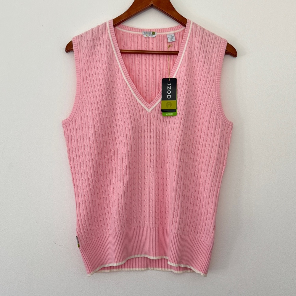 Izod Cable Knit Sweater Vest Pink V Neck Golfcore Preppy Tennis Aesthetic Large